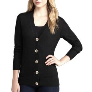 Tory Burch Black 100% Merino Wool V-Neck Long Sleeve Cardigan Sweater Size S